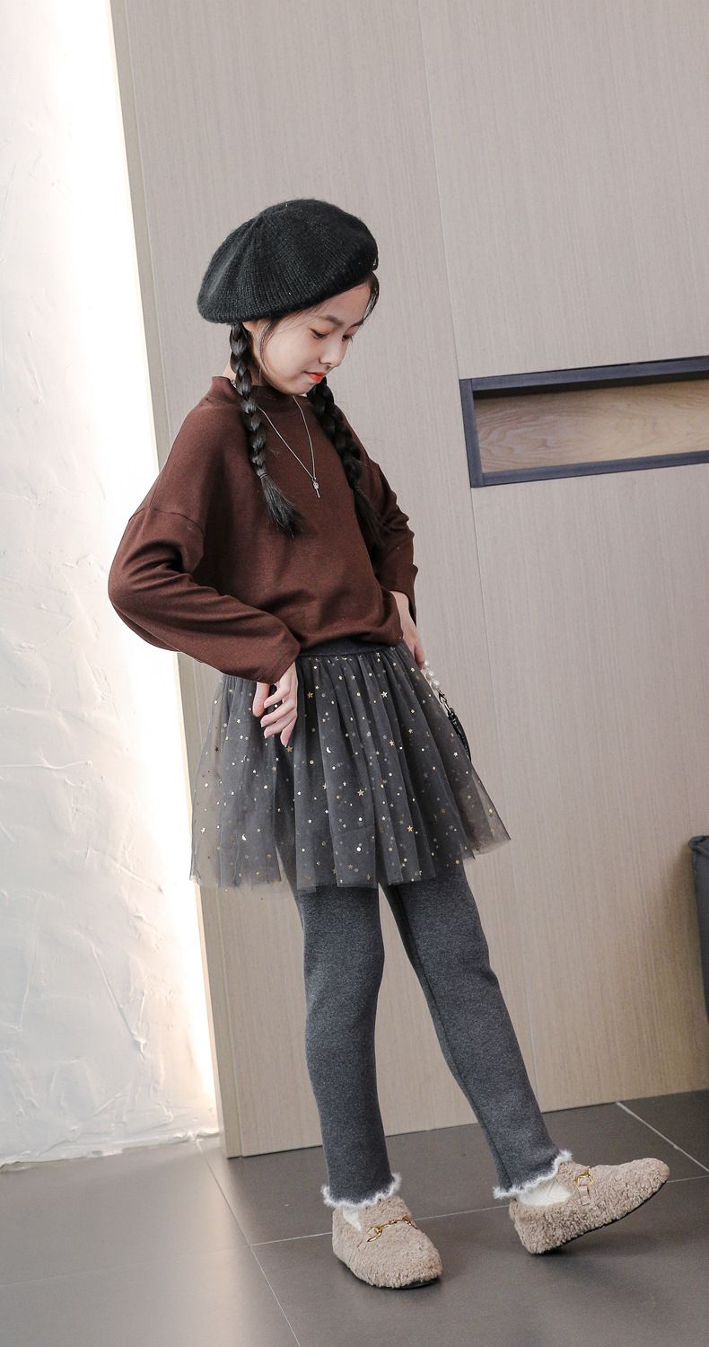 FANMOU - 加絨網紗亮片褲裙-星星月亮-灰色