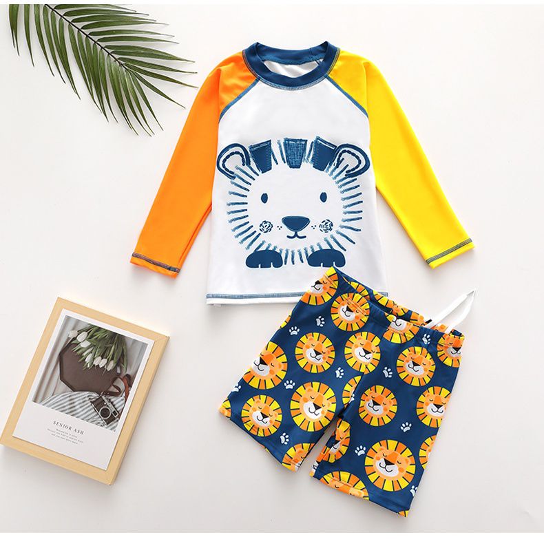 男寶短袖連身泳裝-Q萌獅子-橘+白+黃