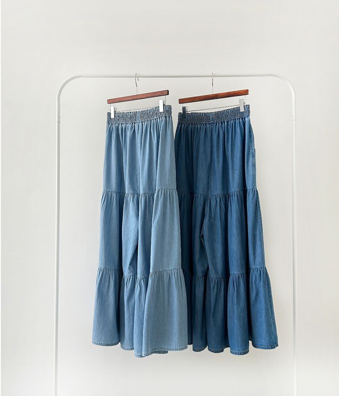 韓國女裝連線 - 鬆緊腰薄丹寧蛋糕長寬褲-中青 (FREE)