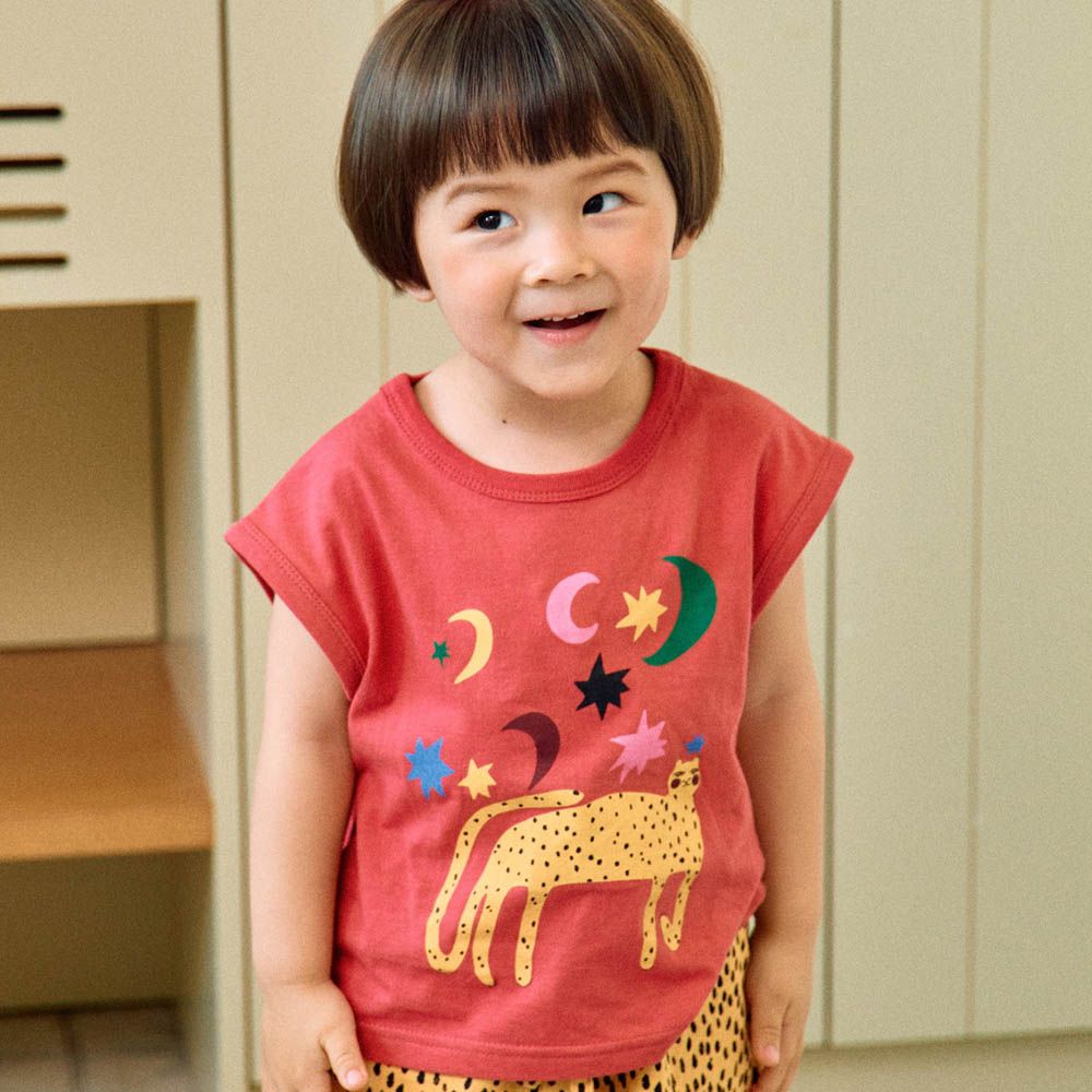 動物圖案插畫無袖上衣-晚安花豹-紅