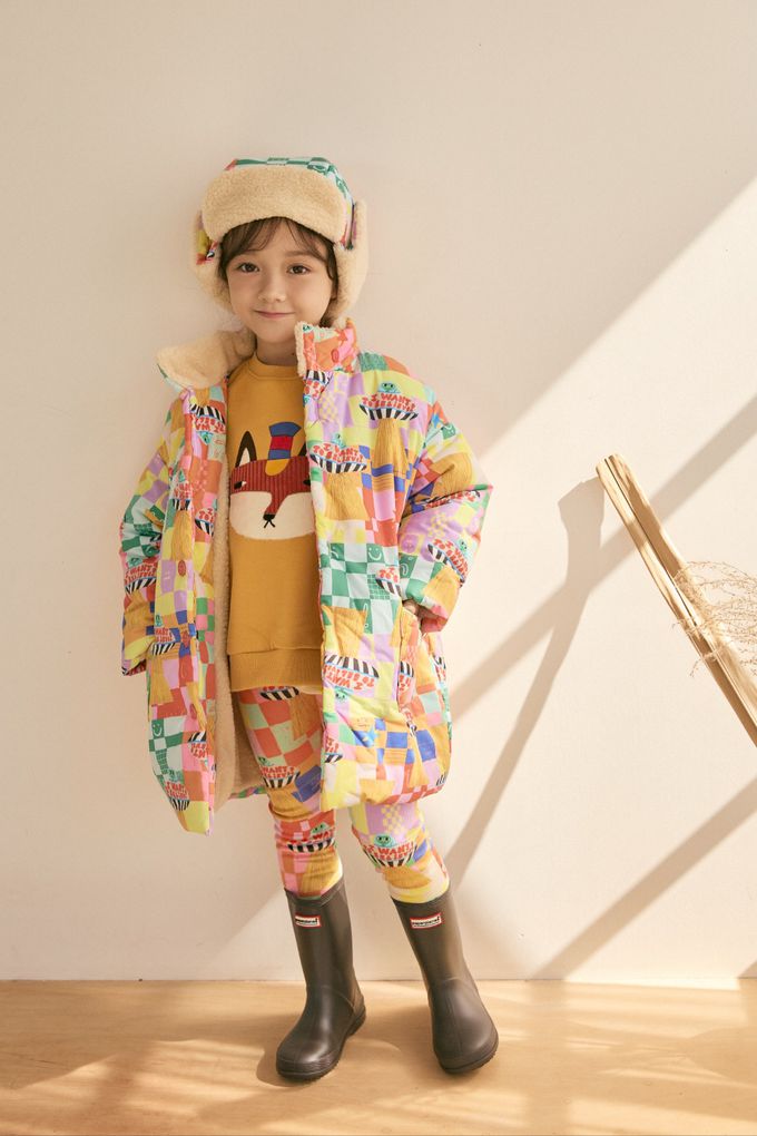 韓國 Mimico - (內磨毛)動物印圓領大學T-狐狸-芥黃