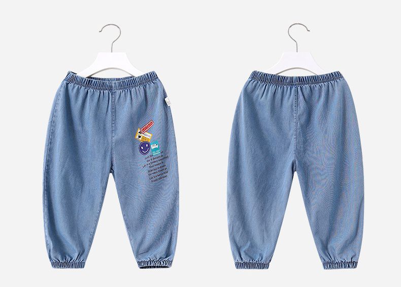 卡通圖束口長褲/防蚊褲-笑臉-藍色