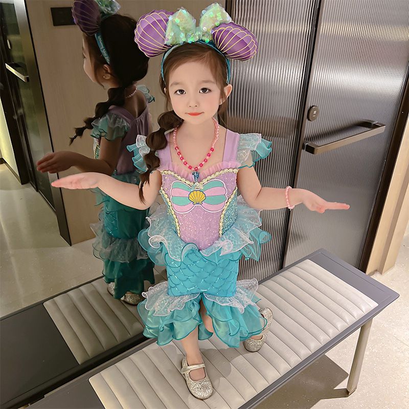 無袖造型萌萌連身公主裙-卡通人物-美人魚-藍綠+紫