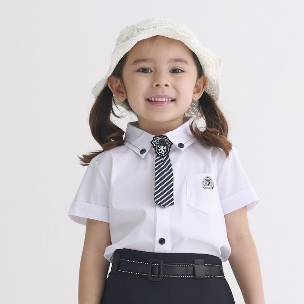 韓國 AIDA - 學院風領帶裝飾短袖襯衫-白