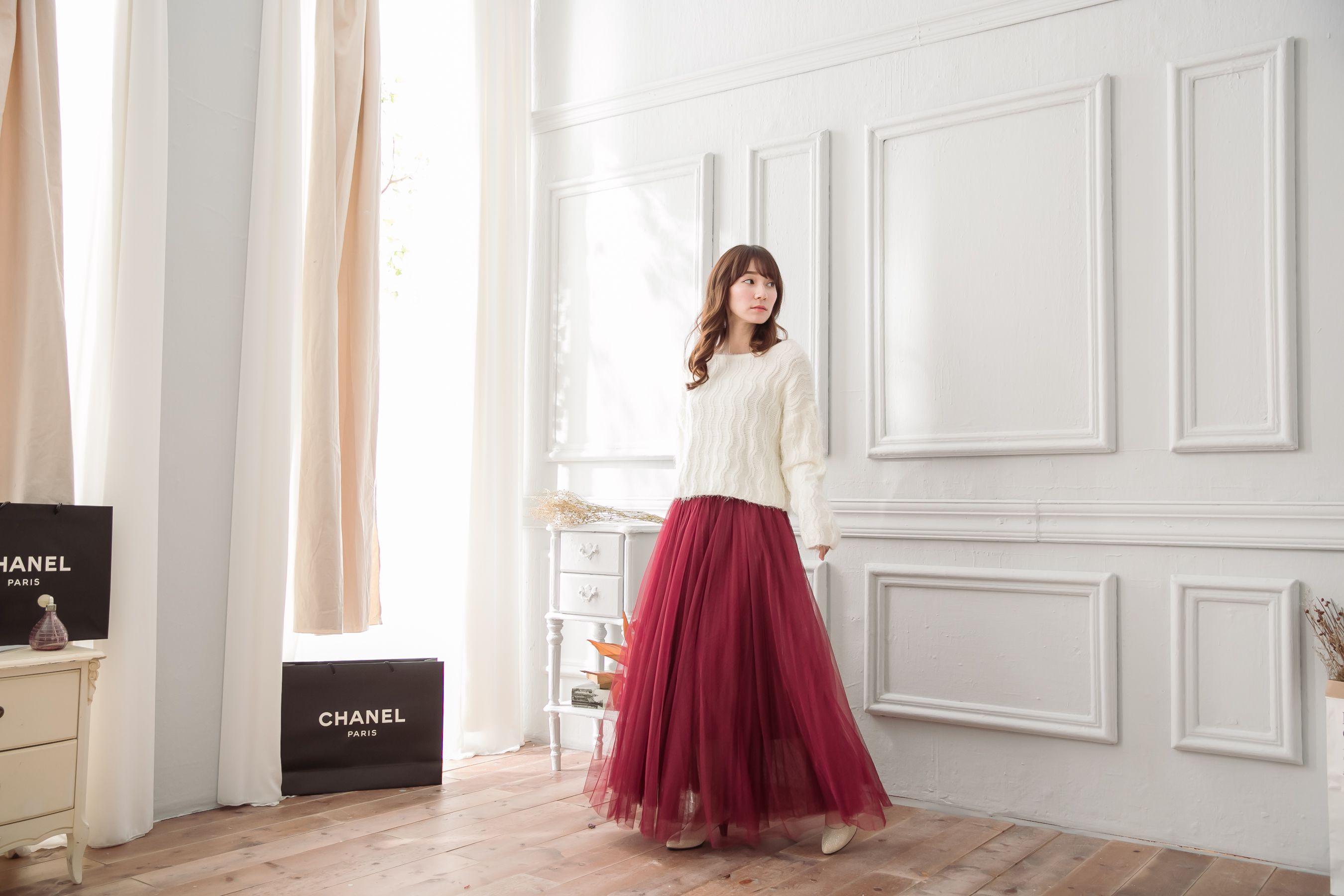 Peachy - 獨家訂製綿柔法式浪漫三層蓬紗裙-三層蓬版-性感酒紅 (F)