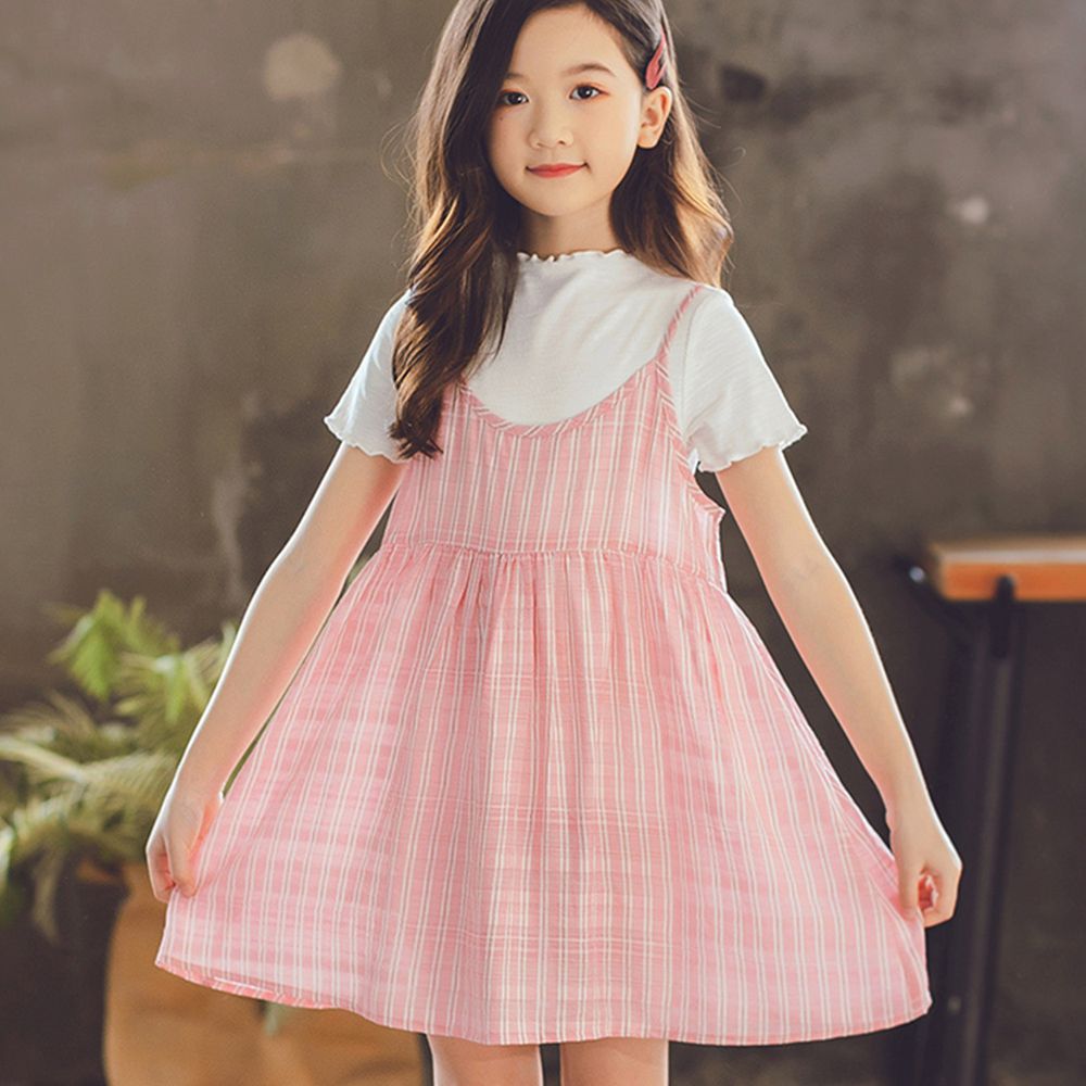 TOUNGIEE - 兩件式粉色格子吊帶洋裝