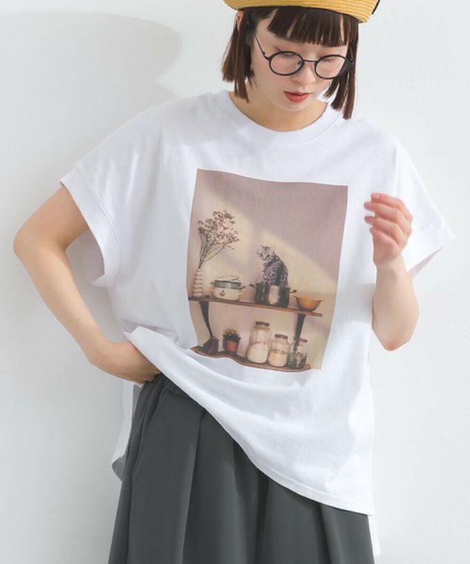 日本 Lupilien - 16支天竺棉 療癒印花法式袖上衣-貓咪的房間-白