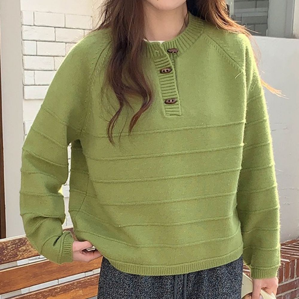 立體感編織紋三粒釦長袖針織上衣-綠 (F)