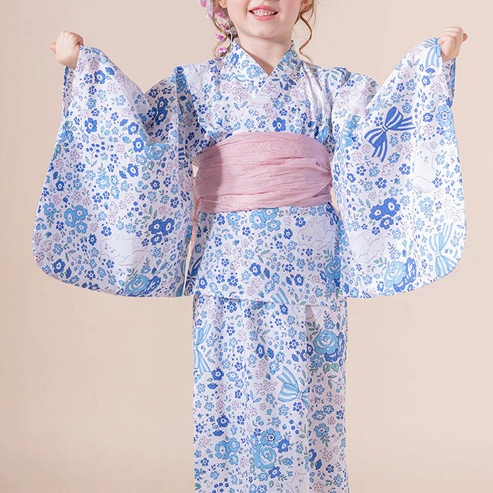 夢幻2way純棉兵兒帶浴衣(可當洋裝)-小花與貓-藍白