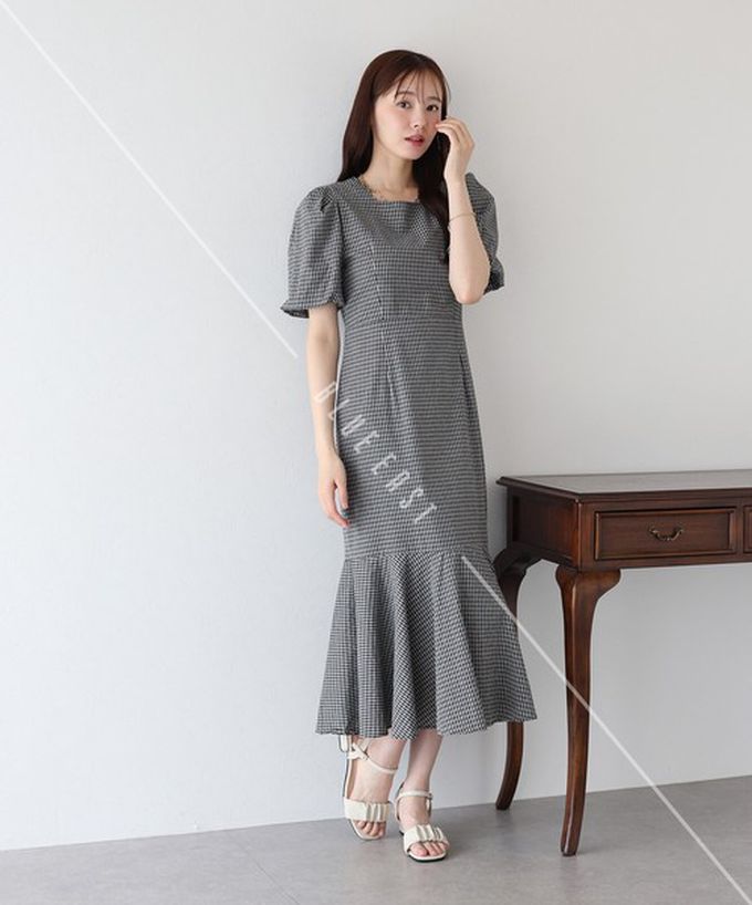 日本 BLUE EAST - 優雅方領後綁帶泡泡袖魚尾洋裝-波點-咖啡 (M)