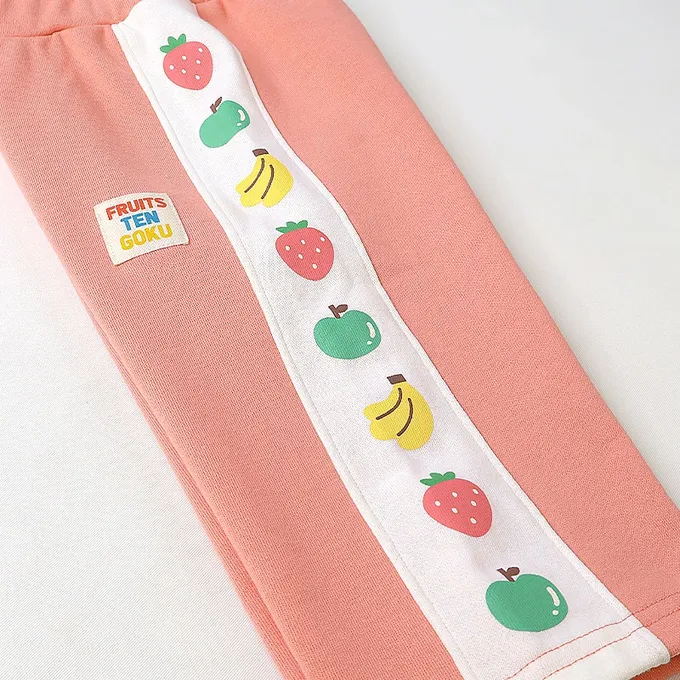 日本 ZOOLAND - 水果樂園 繽紛側邊條裏毛長褲-奶油米