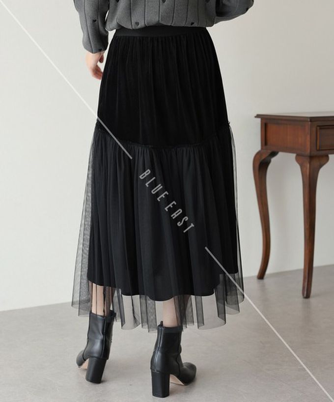 日本 BLUE EAST - 薄紗絲絨拼接飄逸長裙-(可選長度)-黑