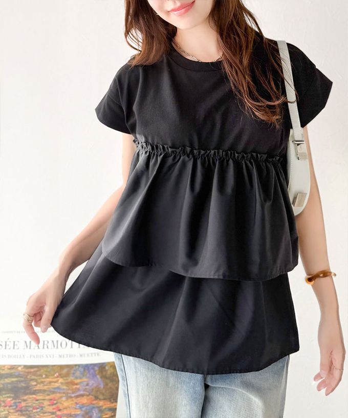 日本 Classical Elf - 浪漫不對稱拼接荷葉短袖上衣-炭灰