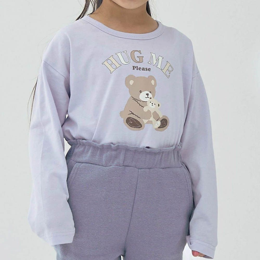 100%棉 可愛少女印花長袖上衣-熊熊-薰衣草紫
