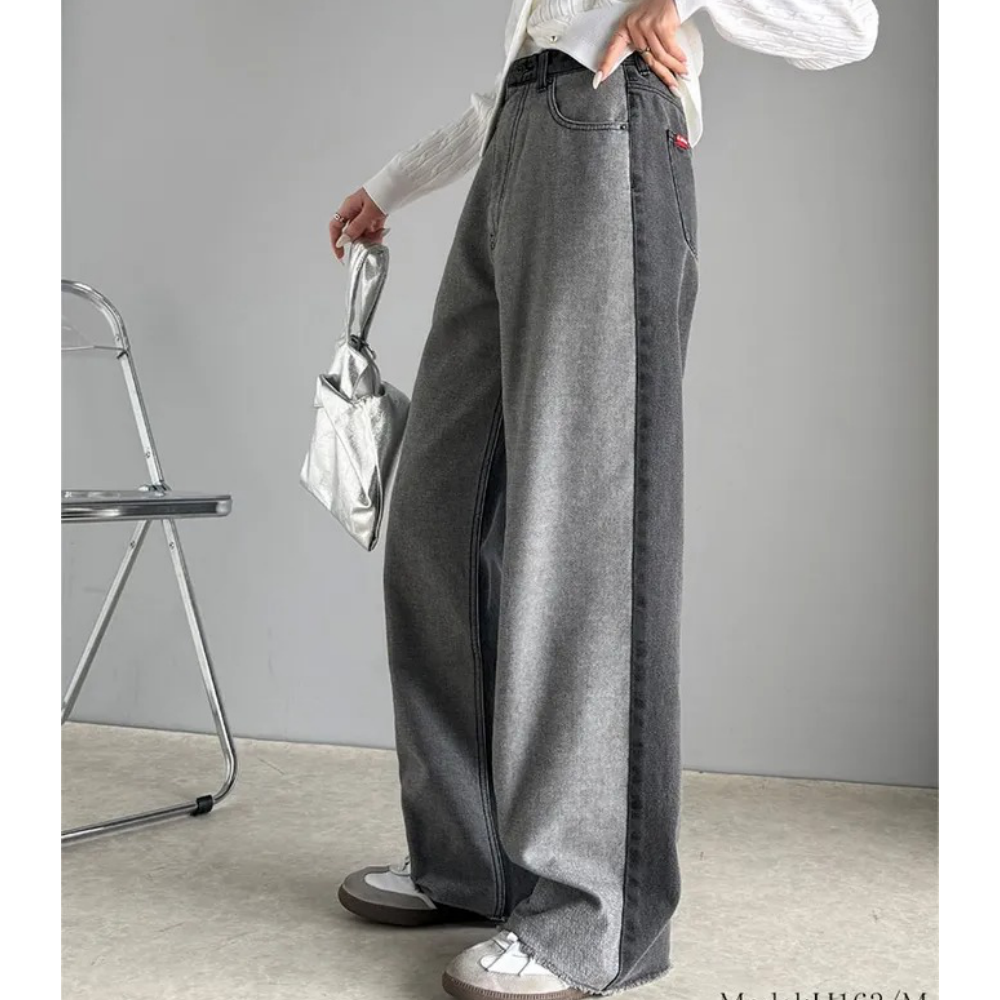 Java 個性深淺配色寬版丹寧褲-灰黑系