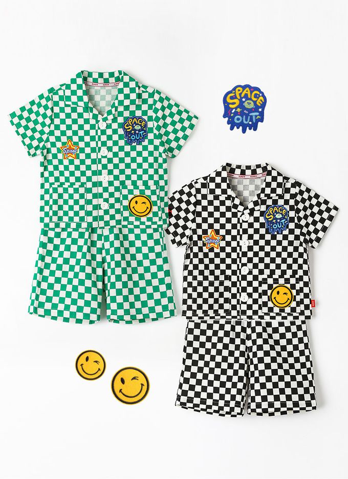 韓國 OZKIZ - 圖章點綴格紋短袖套裝-綠