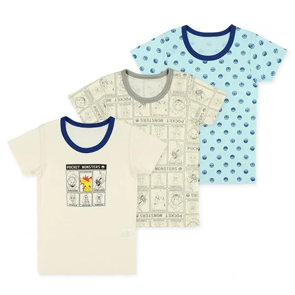 日本西松屋 - 短袖內搭/家居服超值三件組-卡通人物寶可夢-水藍白