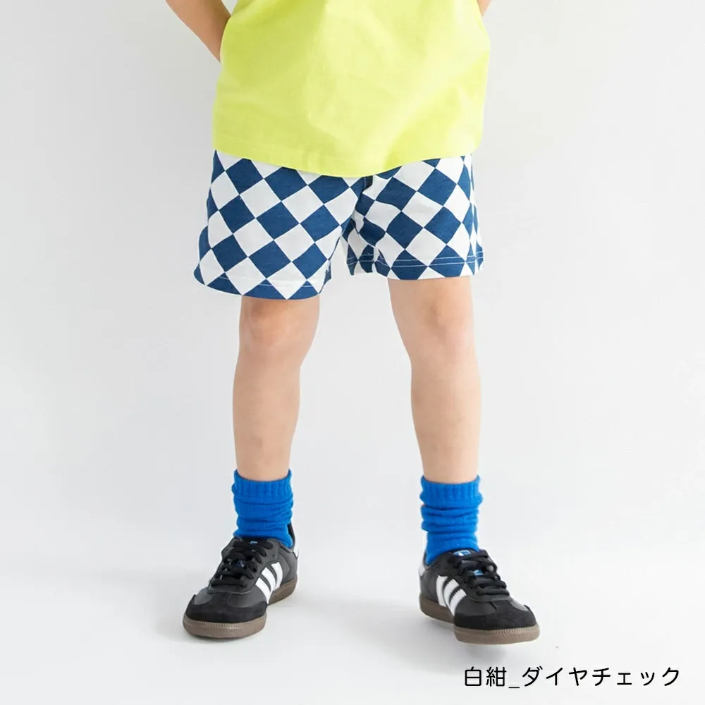必收！純棉寬鬆舒適短褲-菱格-白x藍
