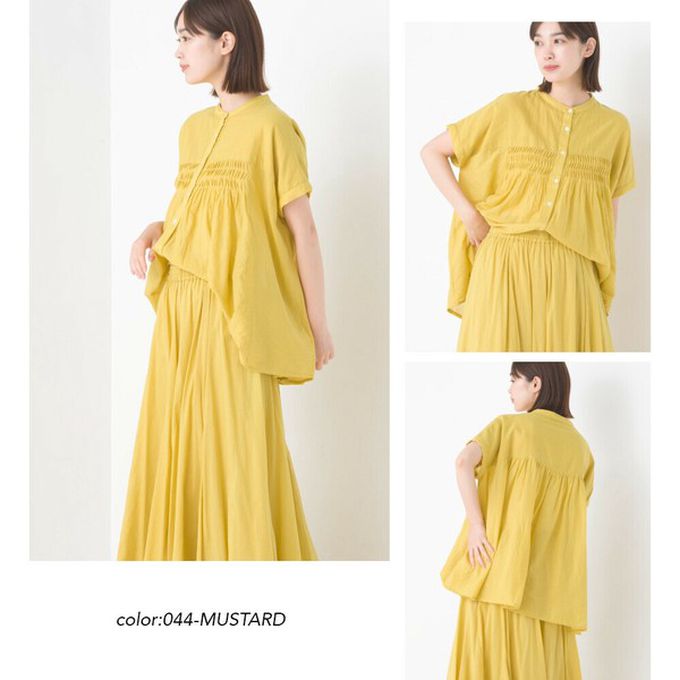 日本 OMNES - 100%印度棉 皺摺傘狀短袖襯衫-綠條紋