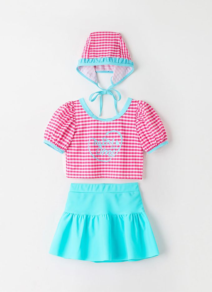 韓國 OZKIZ - 網格愛心印兒童泳裝/泳帽Set-桃粉X水藍