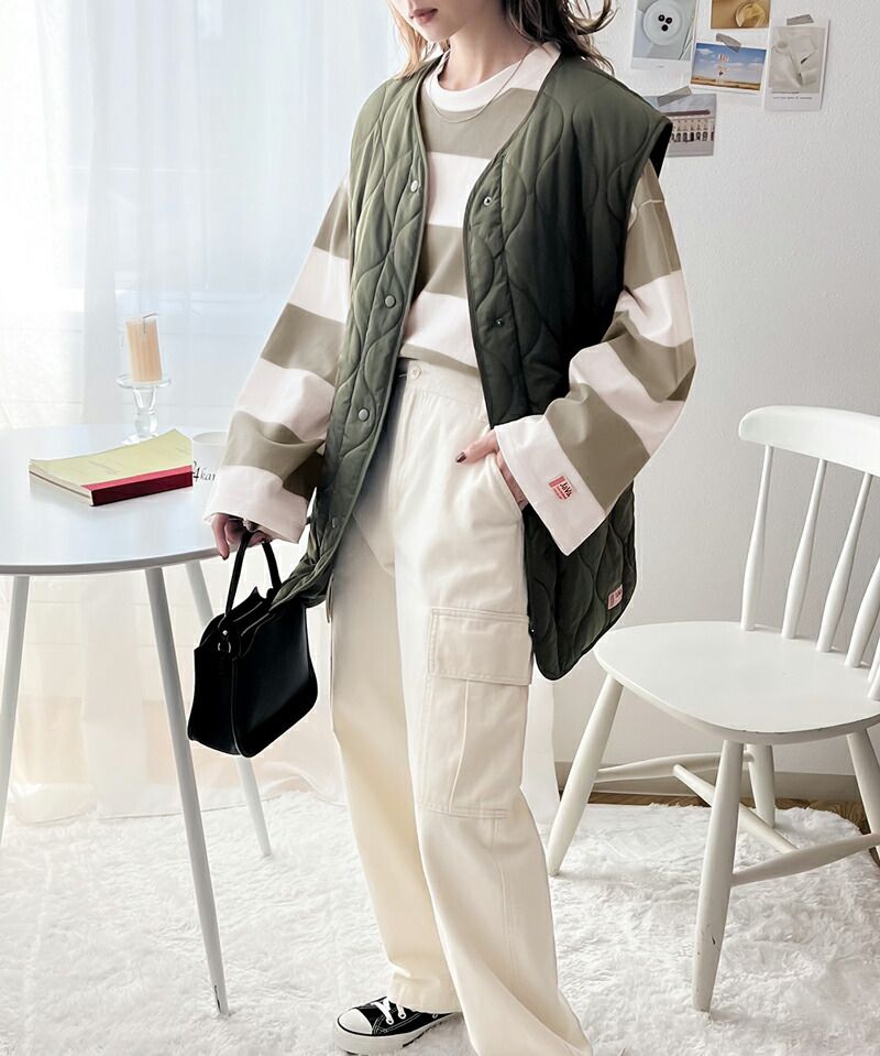 日本 Classical Elf - 美式休閒落肩長袖上衣-寬版條紋-米杏x棕