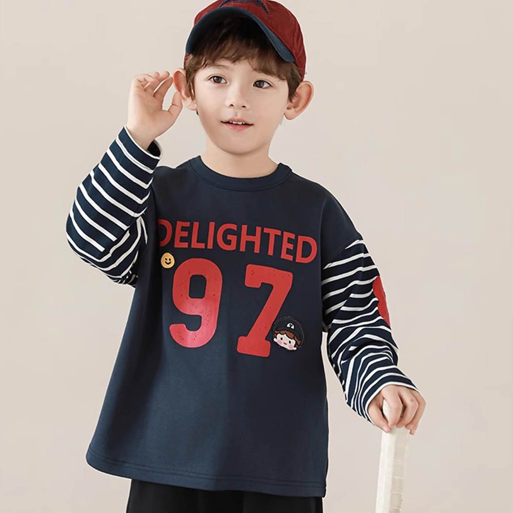 純棉圓領落肩長袖上衣-運動風97-條紋藏青