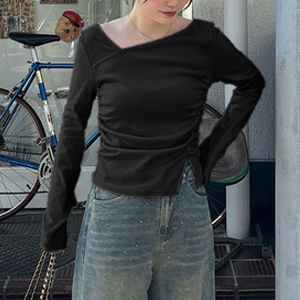 時尚斜切領側抽繩長袖上衣-黑 (F)