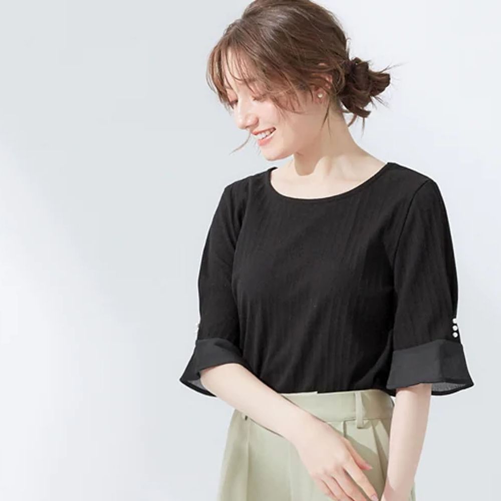 日本 BELLUNA - 氣質直羅紋異材質薄紗拼接五分袖上衣-黑