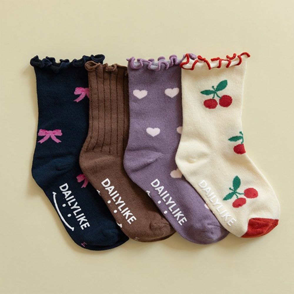 兒童襪子(荷葉中筒襪)4入組-櫻桃X愛心X蝴蝶結