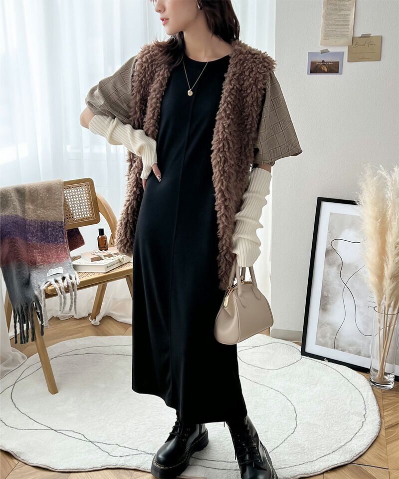 日本 Classical Elf - 優雅泡泡拼接袖修身洋裝-黑x黑