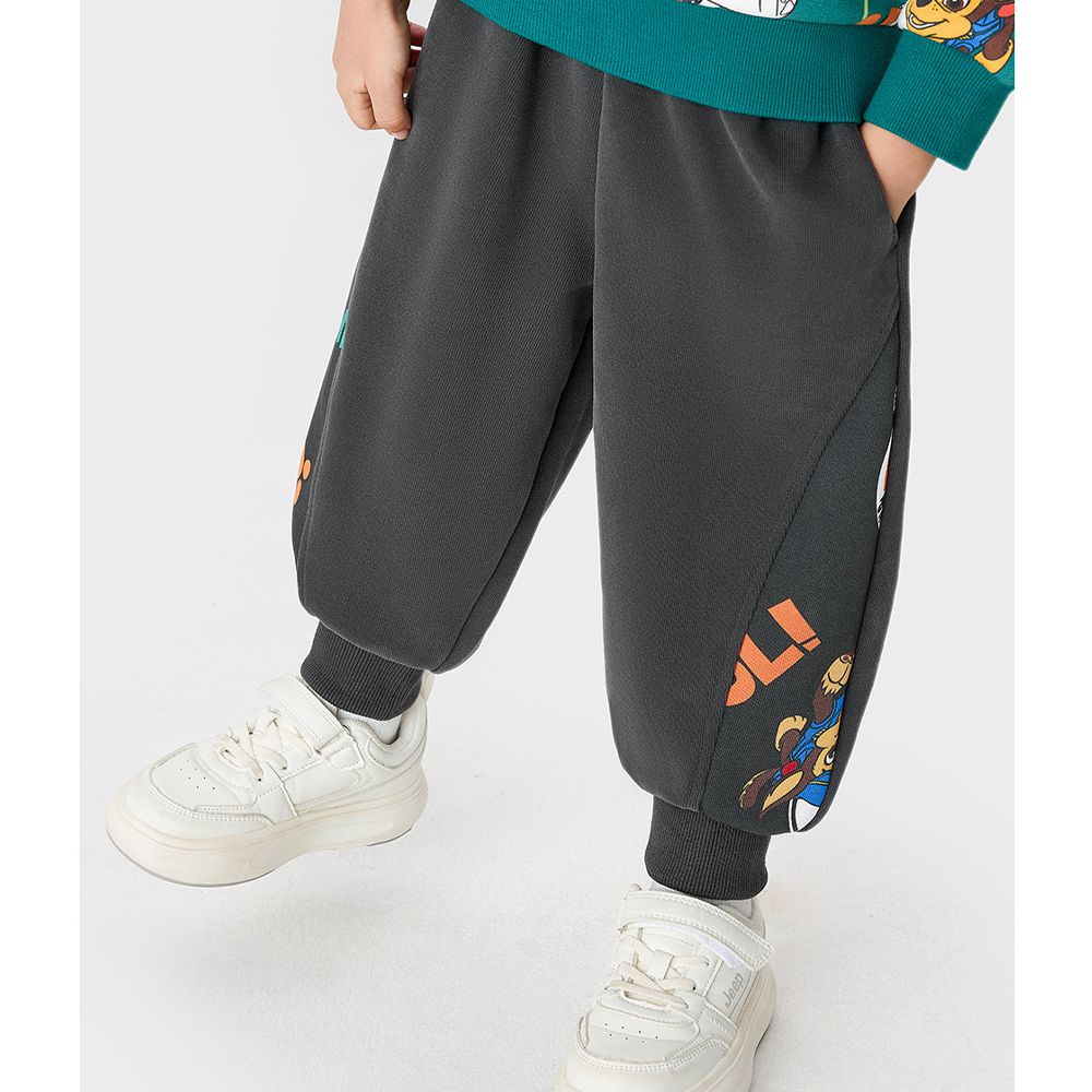 卡通汪汪隊彈性運動束口長褲-拼色印花-深灰