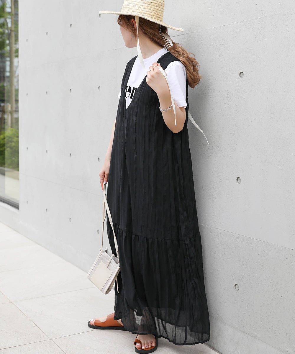 日本 Bab - V領浪漫飄逸無袖洋裝-米杏