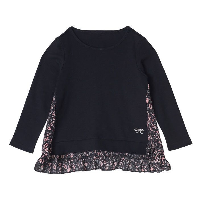 日本 TORIDORY - 前短後長碎花拼接長袖上衣-黑