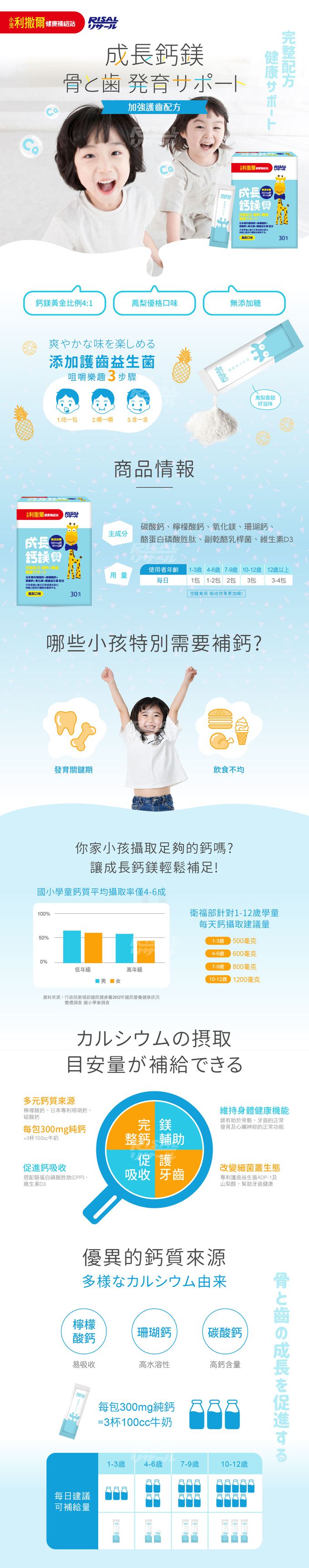 小兒利撒爾Risal - 成長鈣鎂-30包/盒+維生素D3+K2口含錠-60粒/瓶