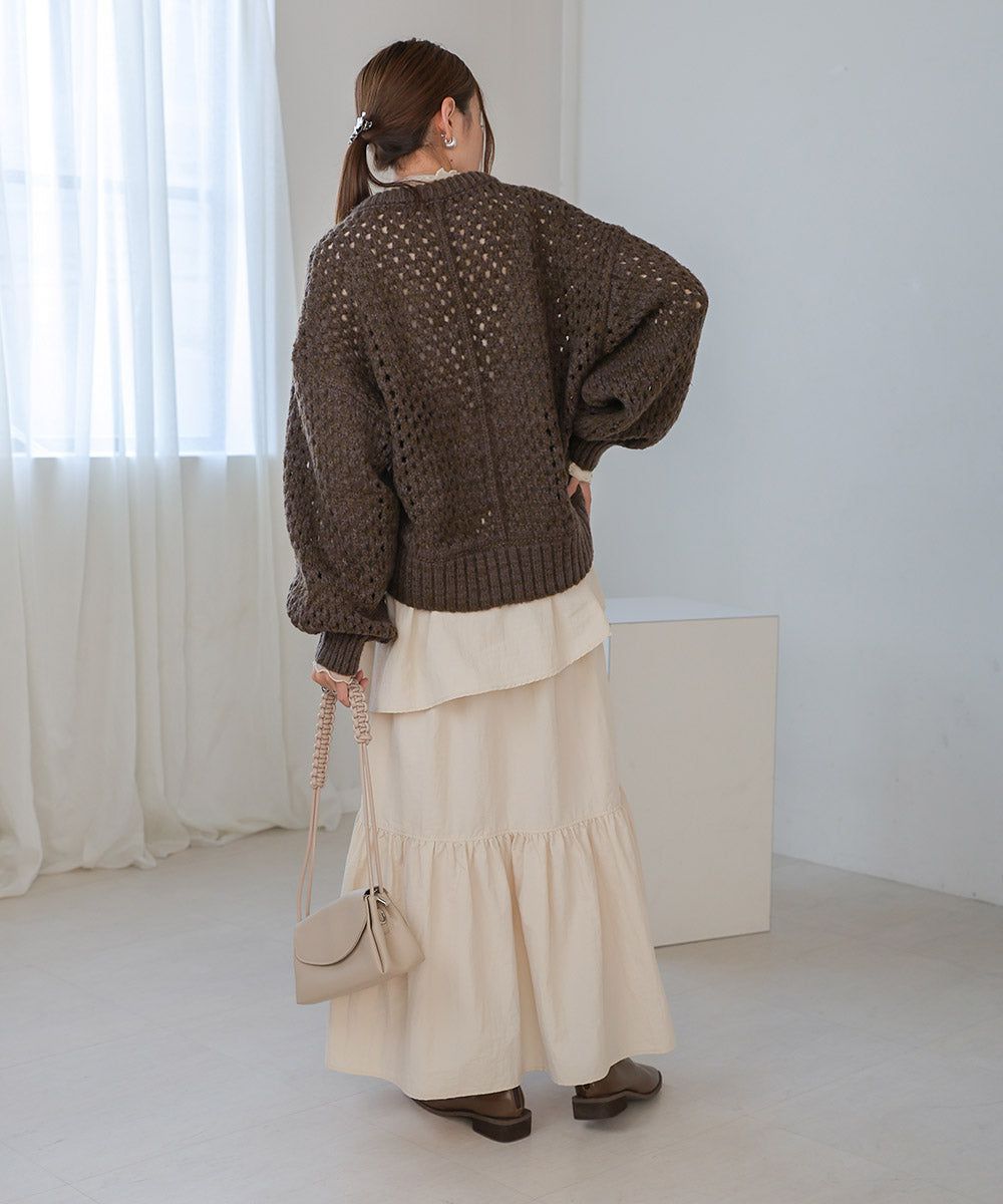 日本 Bab - 混羊毛設計感網格針織上衣-摩卡