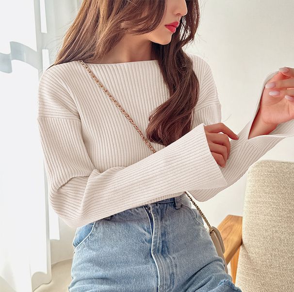 日本 GRL - 袖口剪裁船領羅紋長袖上衣-春芽綠