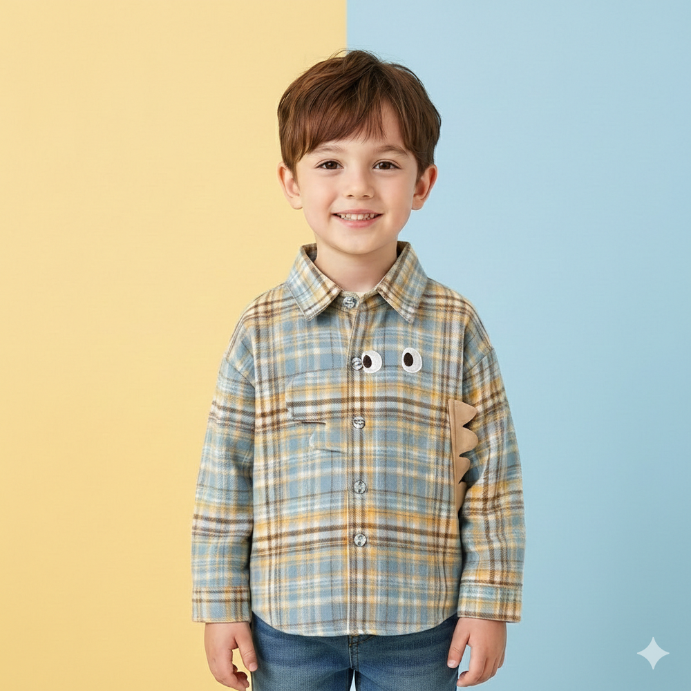 萌趣立體造型長袖襯衫-恐龍-黃藍格紋