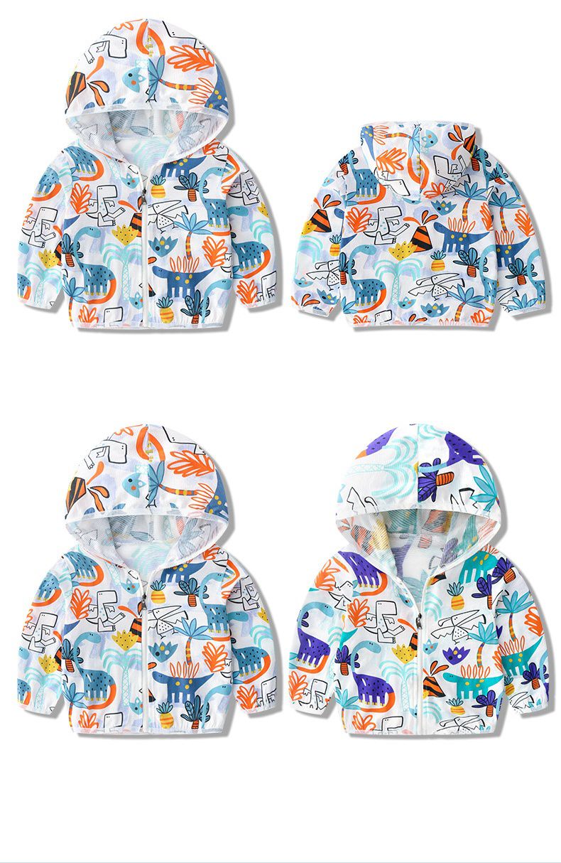 純棉連帽防曬外套/空調外套-彩繪恐龍世界-白色