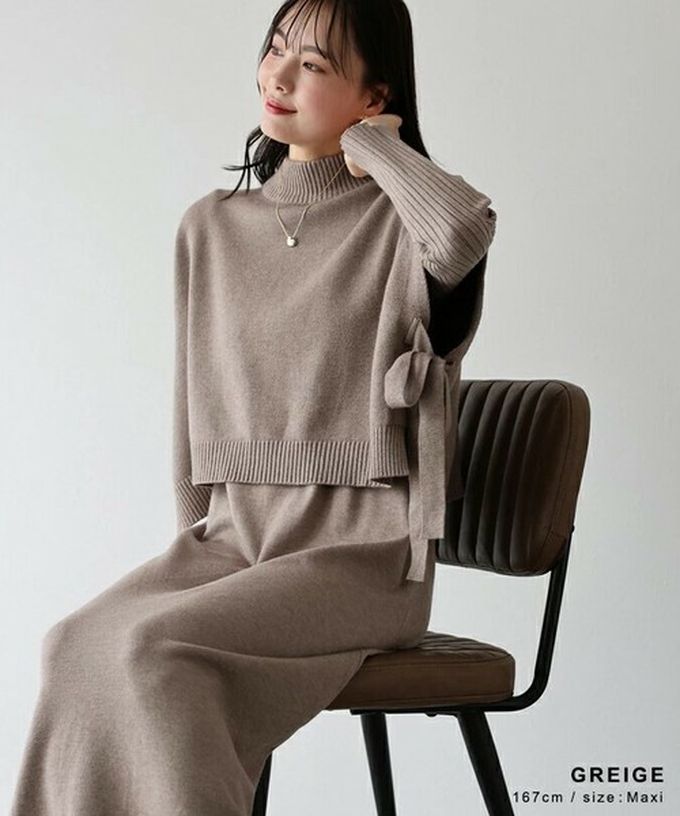 日本 BLUE EAST - [經典款]氣質針織斗篷綁帶長袖洋裝2件組-黑x杏