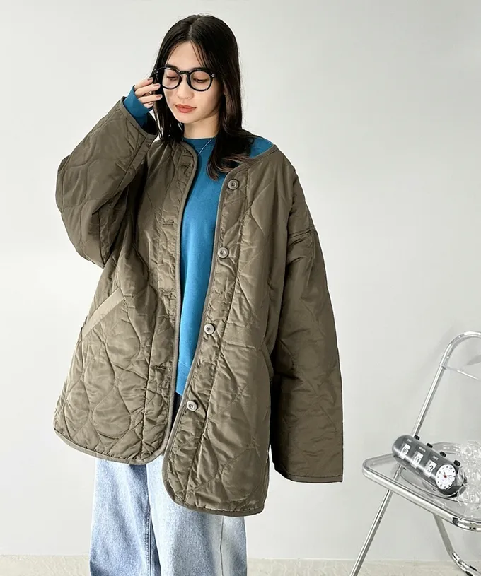 日本 Classical Elf - 簡約絎縫泡泡紋鋪棉外套-焦糖咖