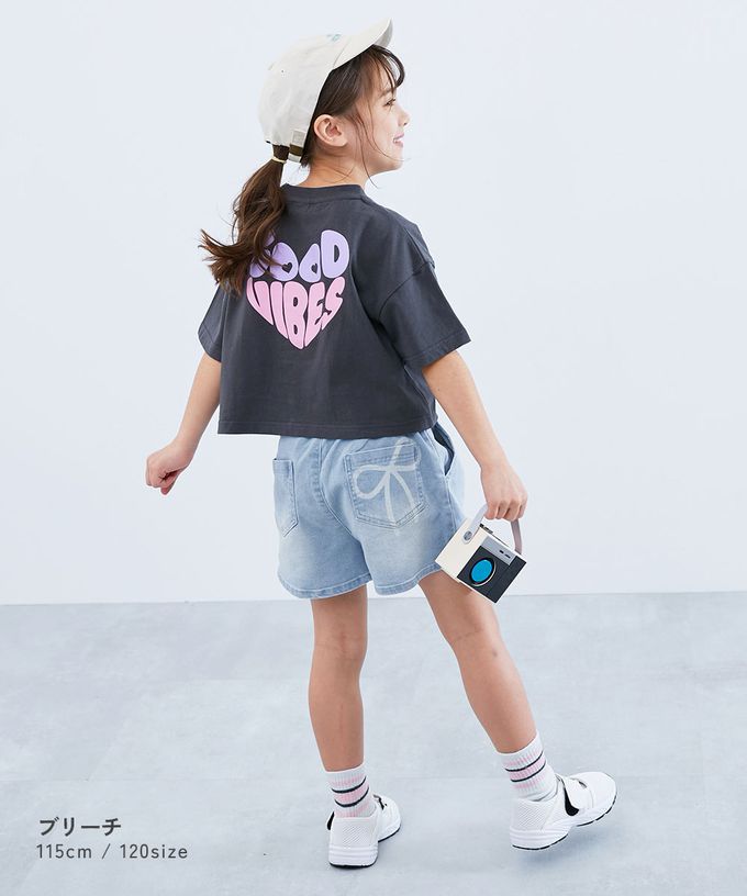 日本 devirock - Raku Denim蝴蝶結印花牛仔短褲-淺藍