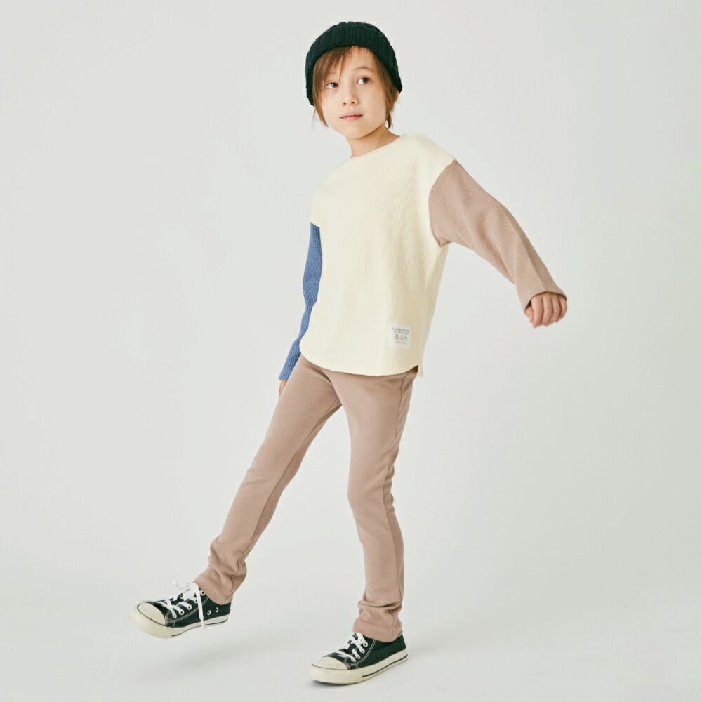 日本 evercloset - 華夫格配色純棉柔軟長袖上衣-黑x棕灰