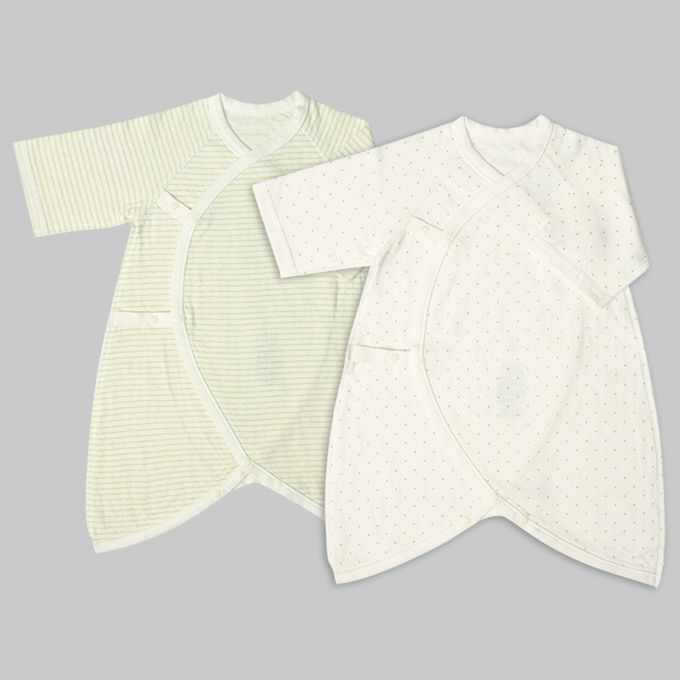 akachan honpo - 長袖新生兒內衣4件組蓬鬆棉質-按扣款-淺綠色 (50~60cm)