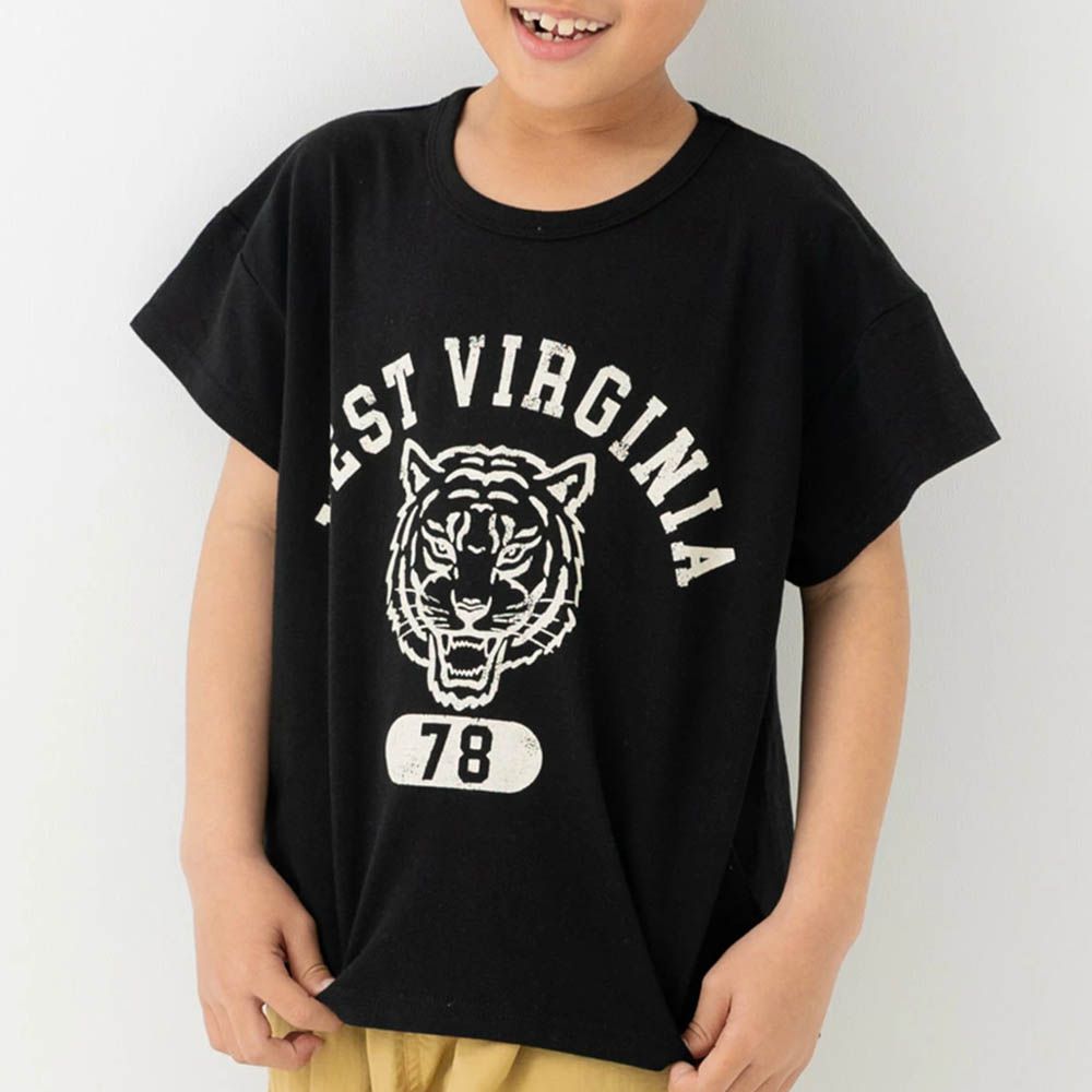 100%棉 可愛印花短袖上衣-老虎-黑