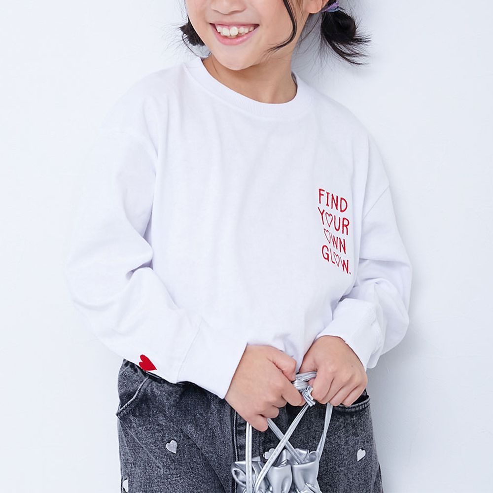 100%棉 甜美手腕刺繡長袖上衣-小愛心-白