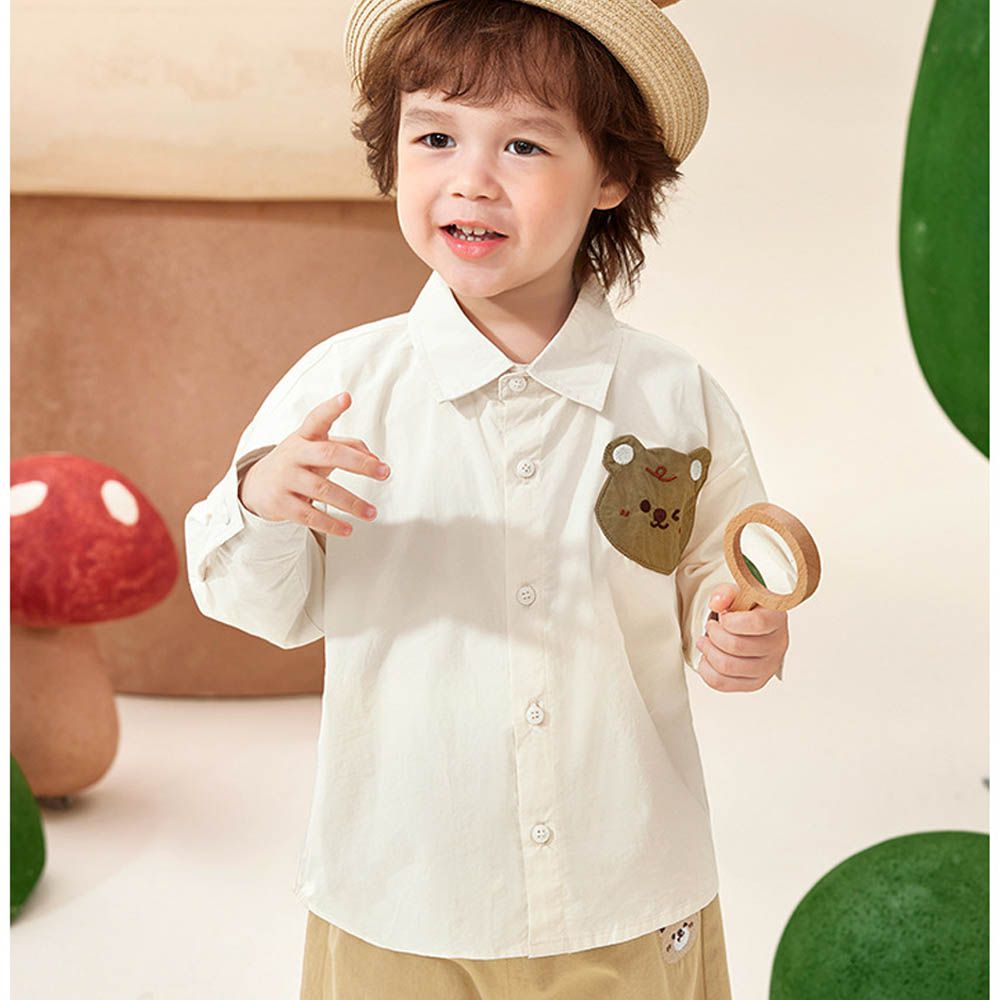 休閒百搭長袖襯衫-小熊-米白