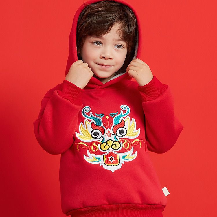 (加絨)喜氣拜年連帽長袖上衣-喜氣金龍-紅色