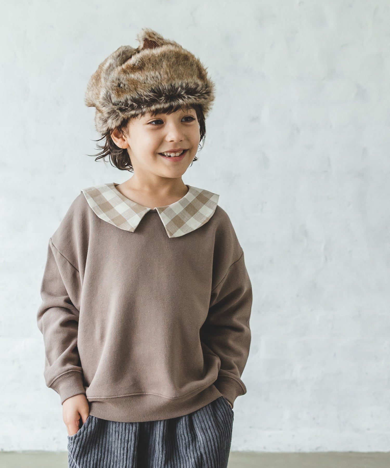 日本 PAIRMANON - 歐風翻領刷毛長袖上衣-碎花領-煙燻粉