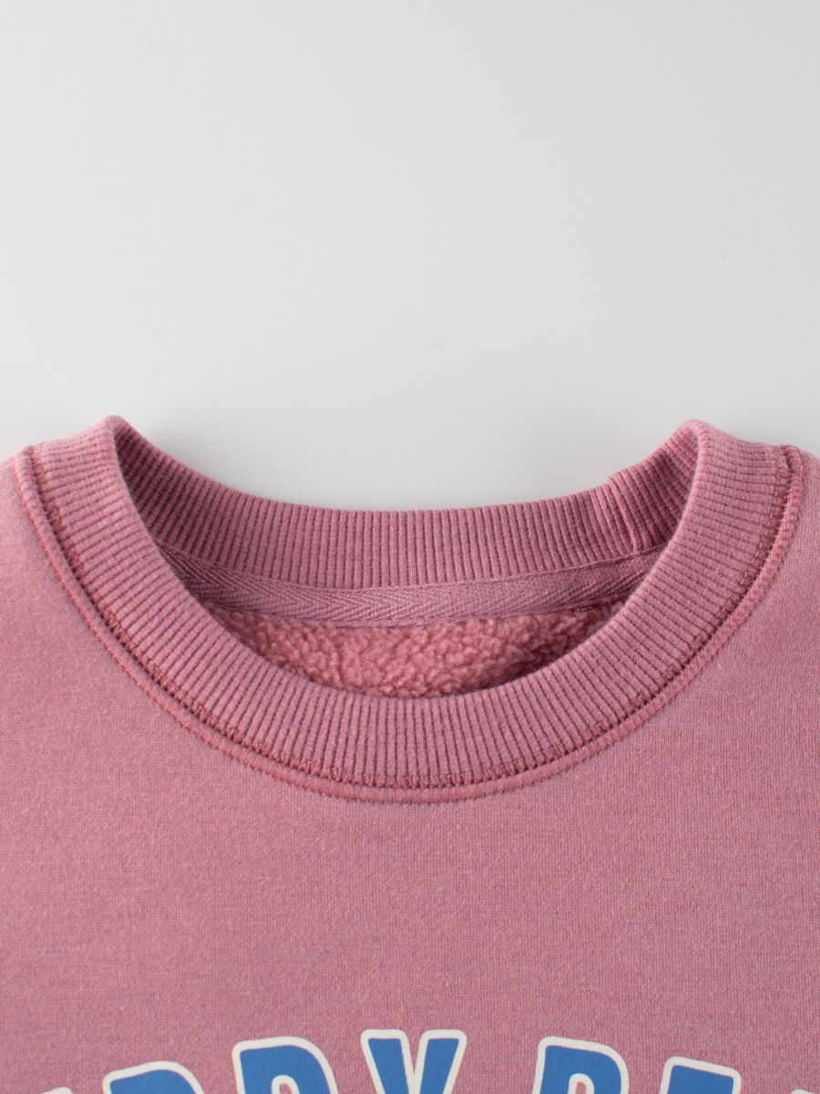 (大童)加絨圓領長袖上衣/大學T-微笑熊熊-粉色