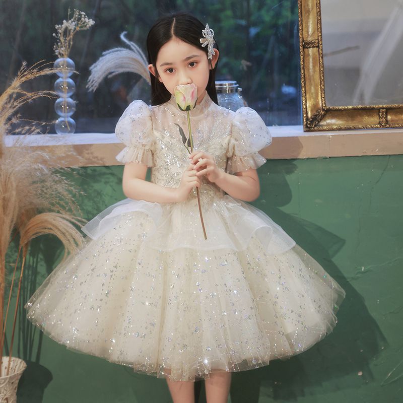 半高領立體雙層網紗公主袖禮服-星星亮片-香檳色